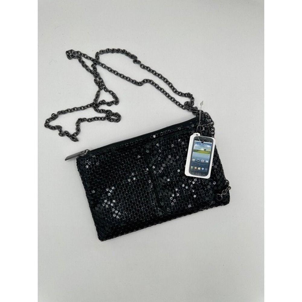 Black Metal Mesh Phone Crossbody Purse Evening Bag Chain Strap Smartphone Wallet